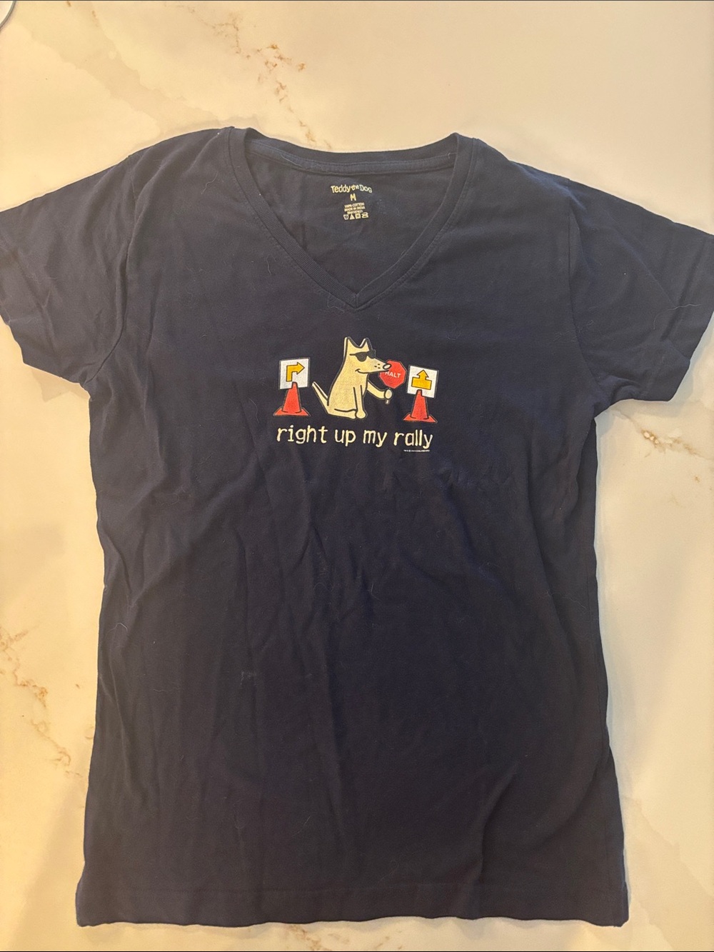 Women's Navy V-Neck Tee with Rally Dog Print